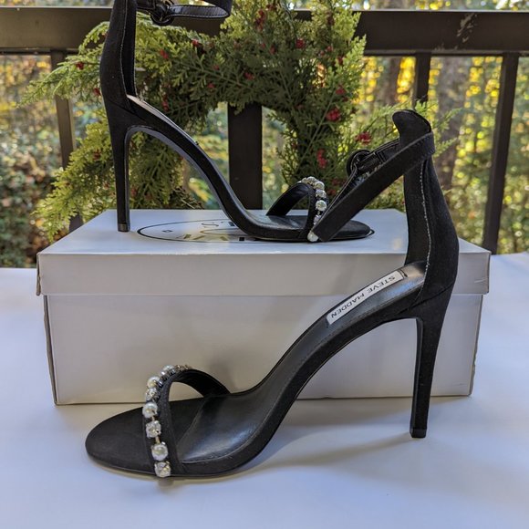 STEVE MADDEN Solitaire Stiletto Sandals Diamond Pearl Studs Ankle Strap Size 9 - Picture 2 of 15